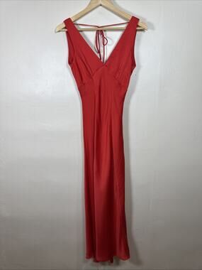 VRG GRL Maxi Dress Red Deep V Bias Cut Formal Sexy Wedding Satin Slip 6 Tie Back